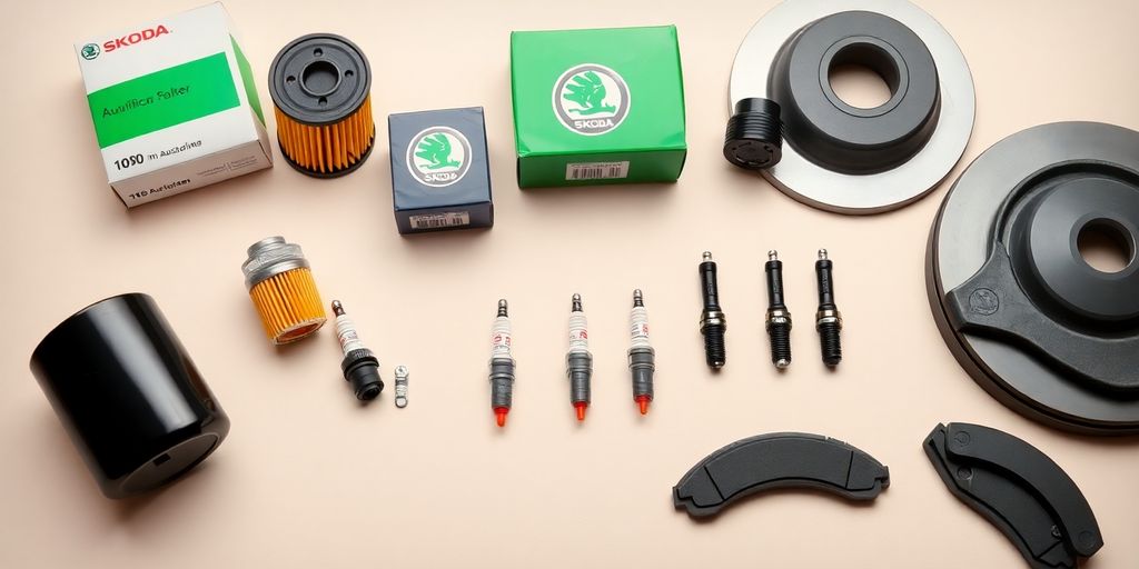 Skoda car parts arranged neatly