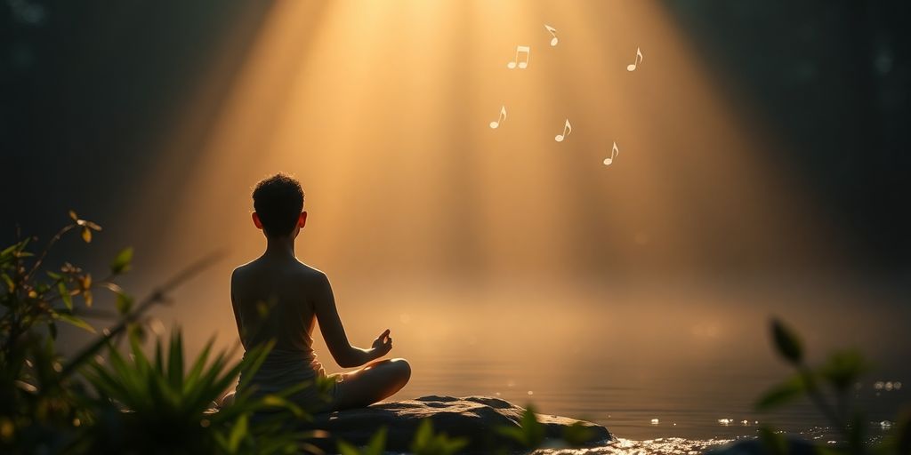 Person meditating with musical notes in a tranquil setting.