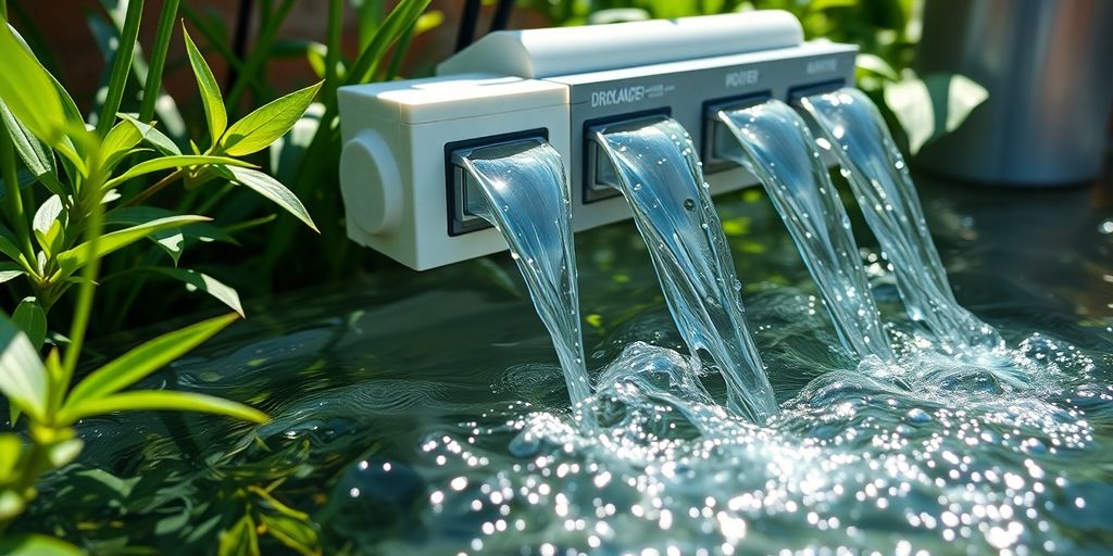 Water filtration equipment with clear flowing water and greenery.