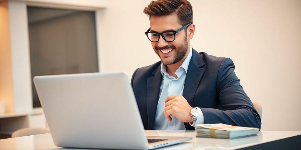 Man smiling, laptop, money, automated success.