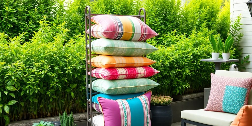 Colorful patio pillows stored vertically on a stylish rack.
