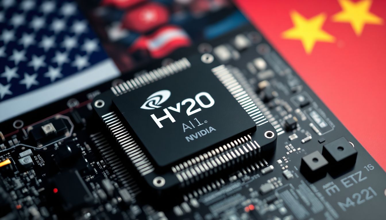 Nvidia H20 AI chip with US and China flags backdrop.