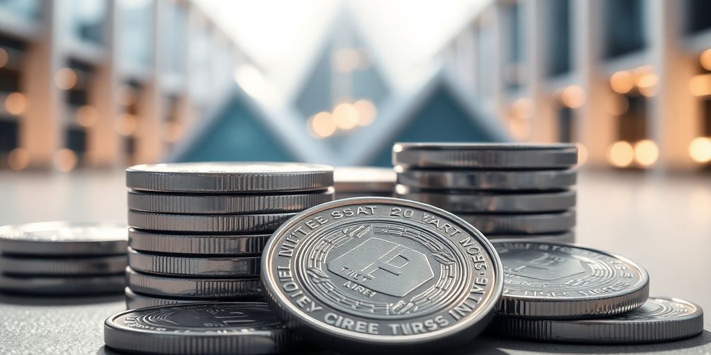 Pièces d'argent brillantes, chiffres 2025, fond futuriste