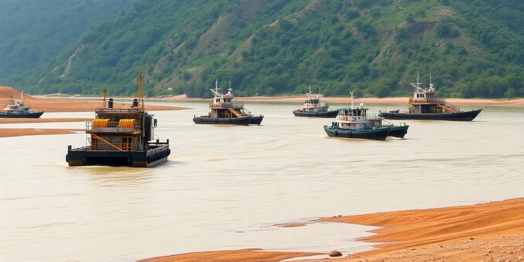Dragues d'orpaillage flottantes sur une rivière.