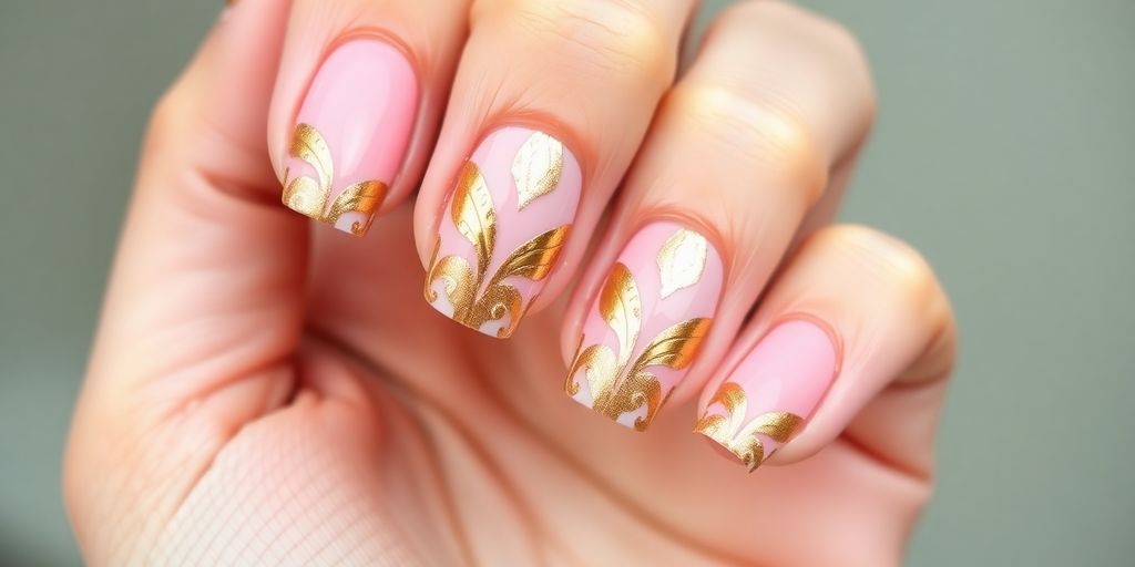Unhas decoradas em rosa e dourado, elegância perfeita.