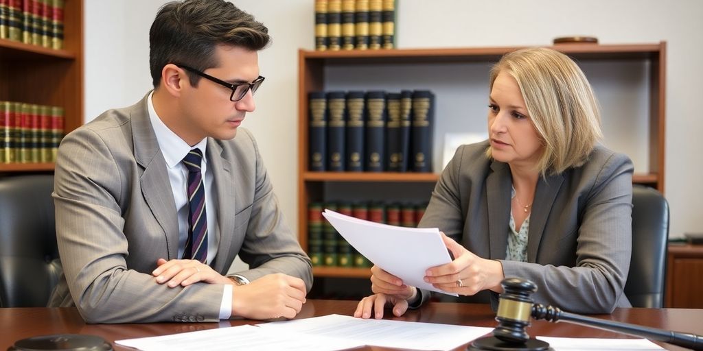 Lawyer consulting client in an office setting.