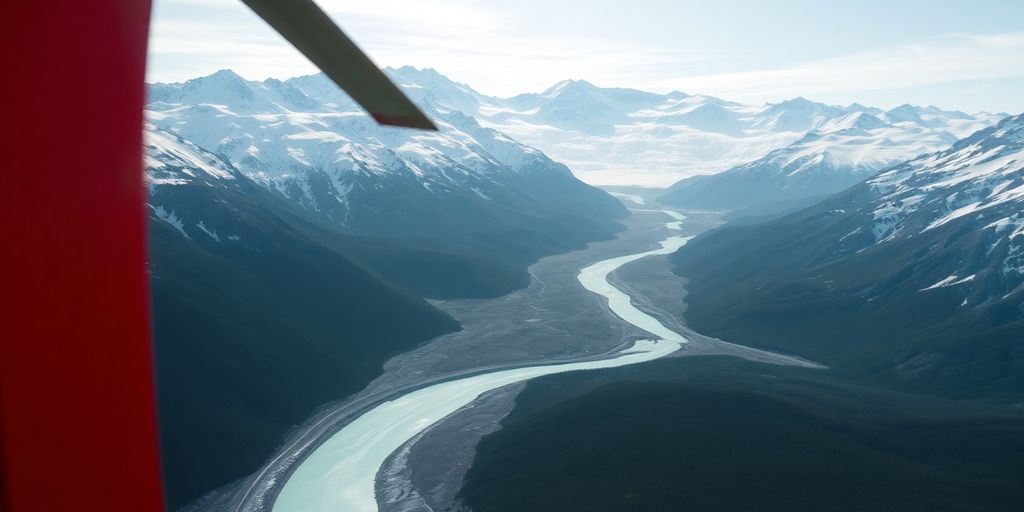 A helicopter flying over a majestic Alaskan mountain range.