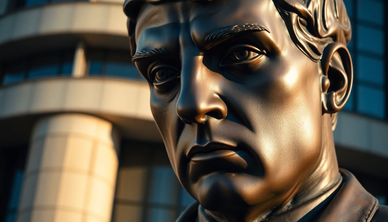 Alan Turing statue with a somber, weathered appearance.