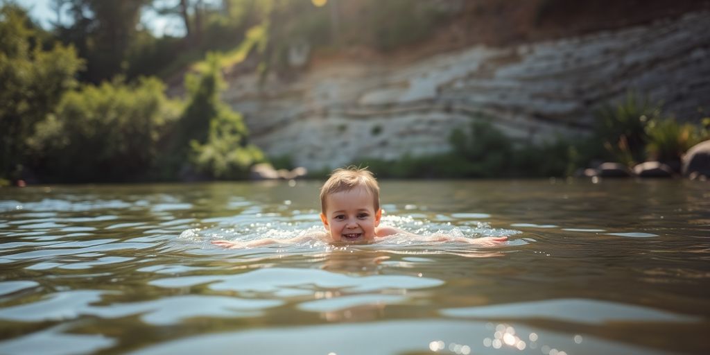 Enfant nageant dans une rivière pendant une journée chaude.