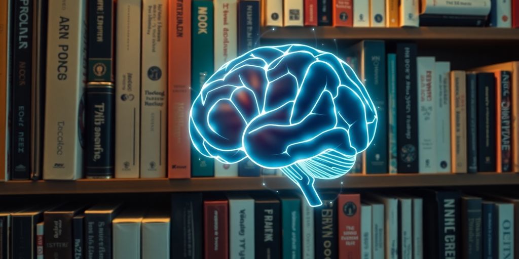 Bookshelf with traditional books and a digital brain overlay.