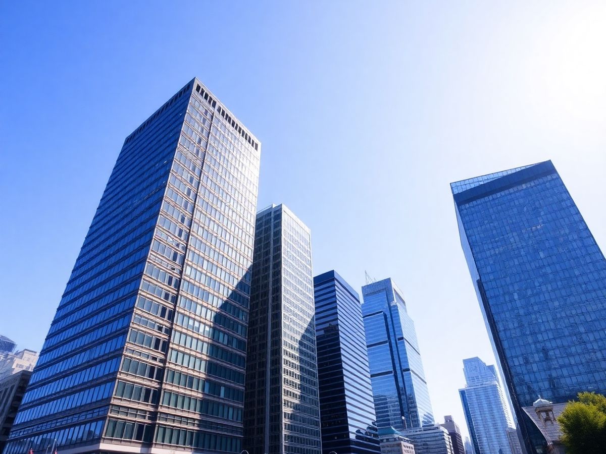 Imagine cu clădiri de birouri moderne sub un cer senin.