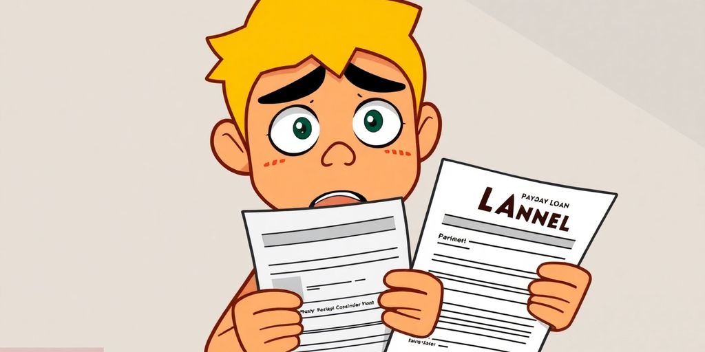 Cartoon character holding a payday loan document with a worried expression.