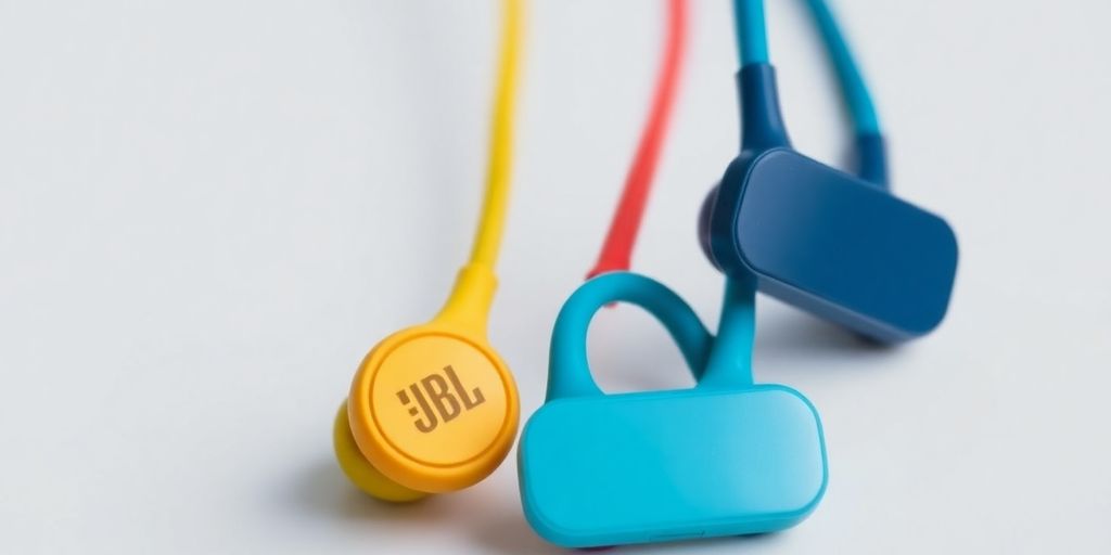 Fones de ouvido JBL Wave Buds em fundo neutro.