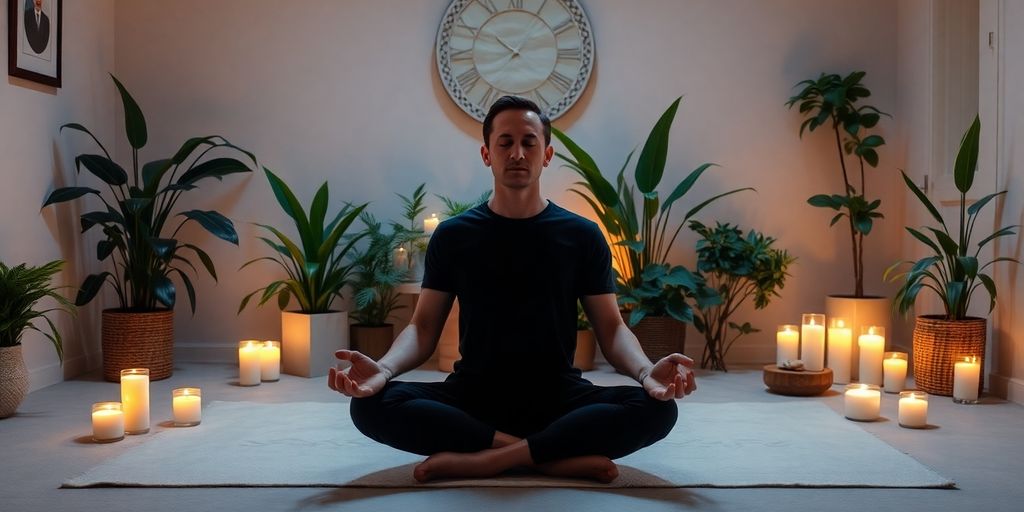 Person meditating in a peaceful, candle-lit room.