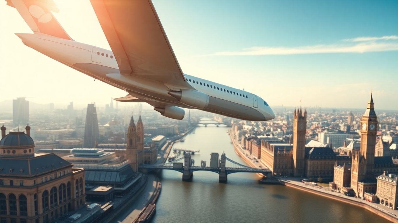 Airplane flying over London toward Europe in daylight.