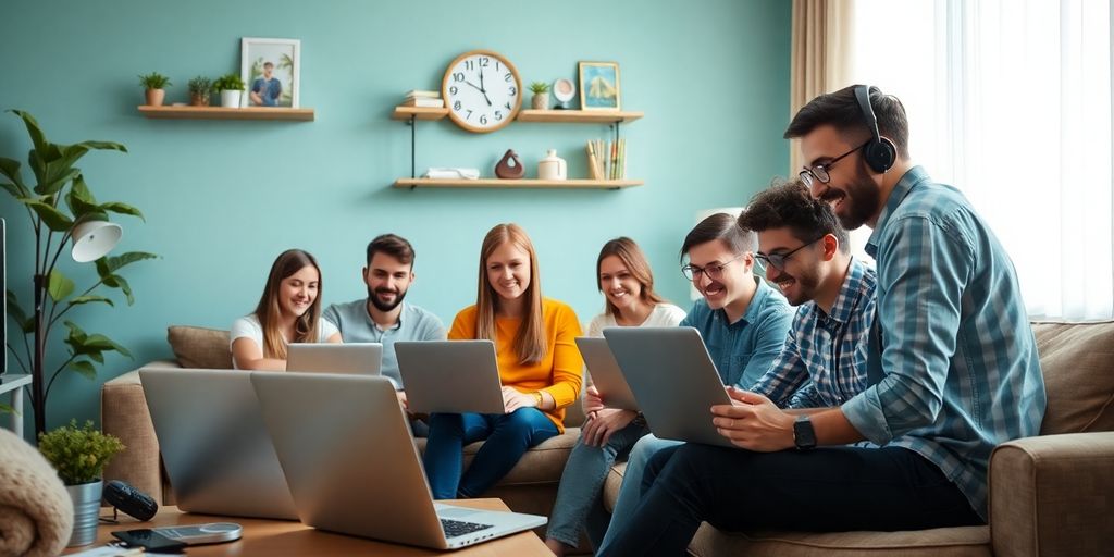 Diverse professionals working remotely on laptops at home.