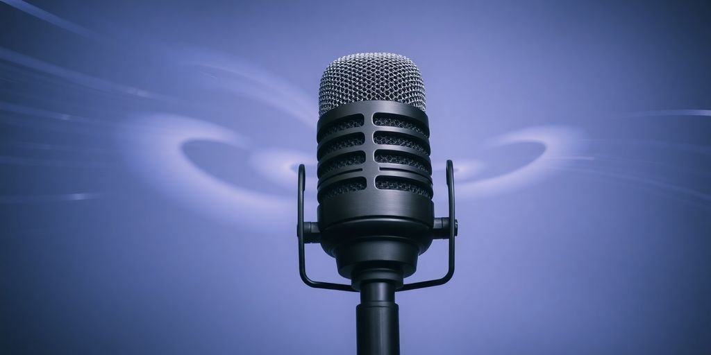 Podcast microphone with sound waves emanating.