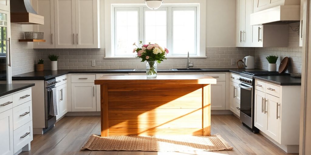 Farmhouse kitchen with rustic wood island.