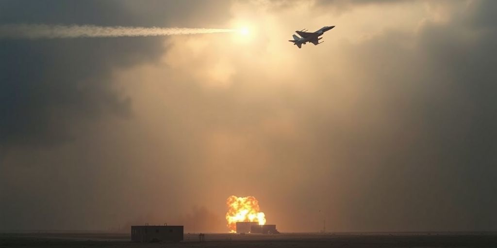 Avion de chasse américain survolant une explosion lointaine.