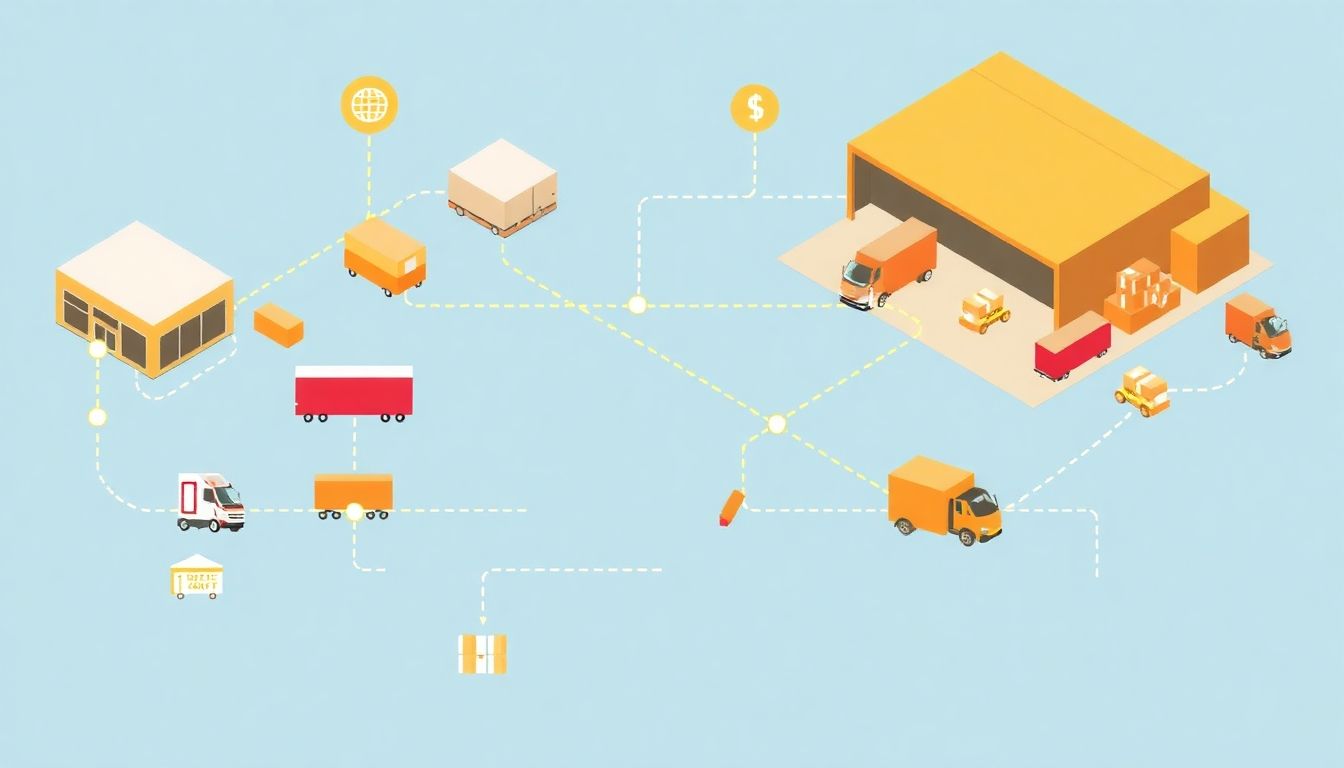 Illustration of a supply chain process with logistics elements.