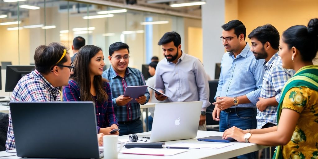 Group of IT professionals collaborating in an office.