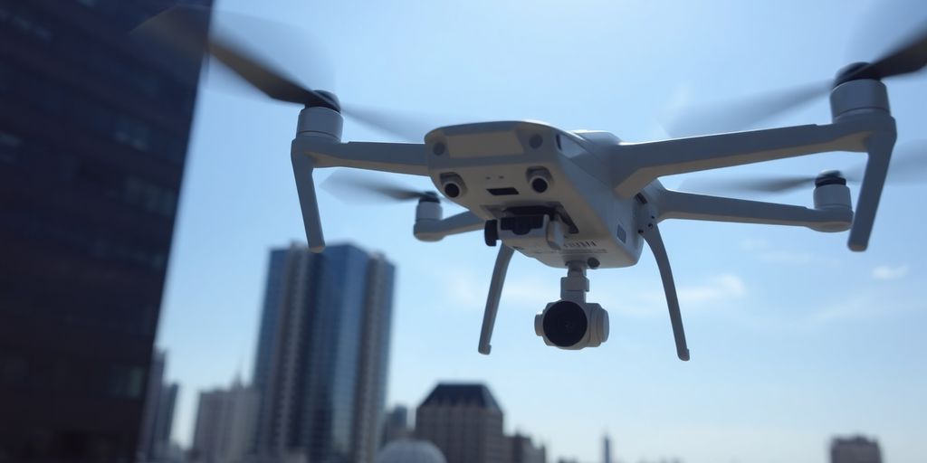 Drone survolant un paysage urbain lors d'un vol hors vue.