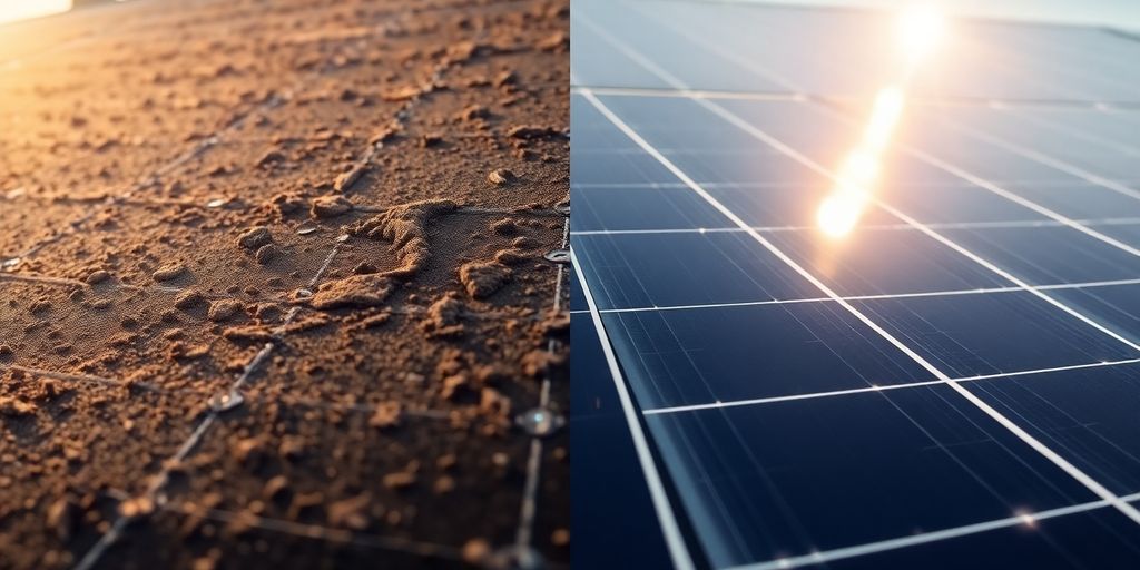 Dirty and clean solar panels comparison in sunlight.