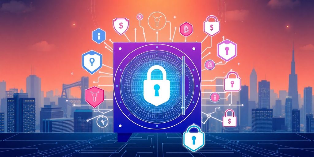 Illustrative image of a secure digital vault with insurance icons.