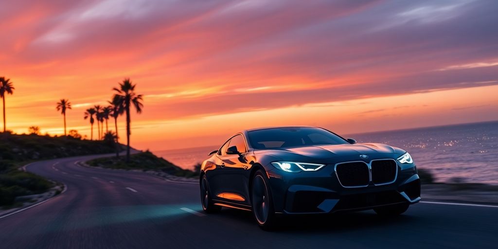Sleek car driving winding coastal road