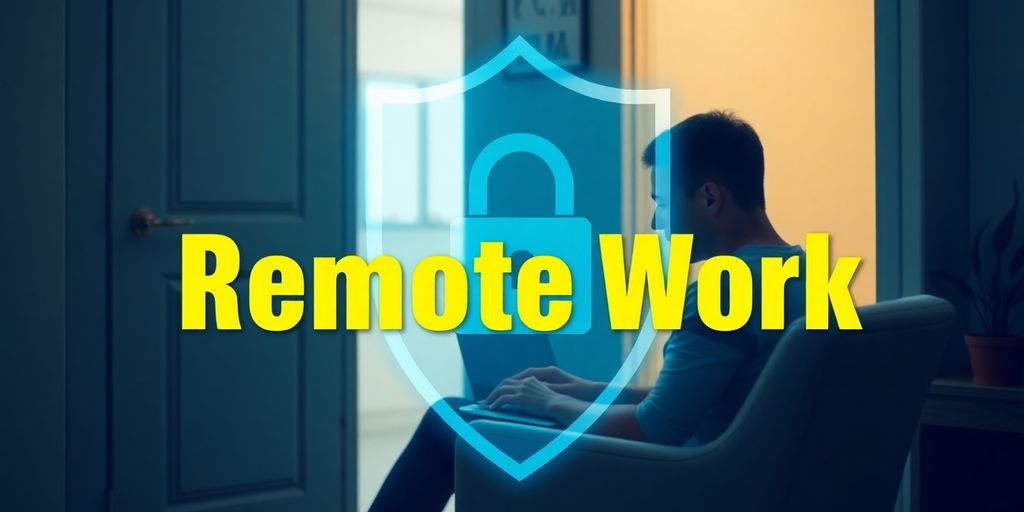 Person in secure home office with laptop and shield.