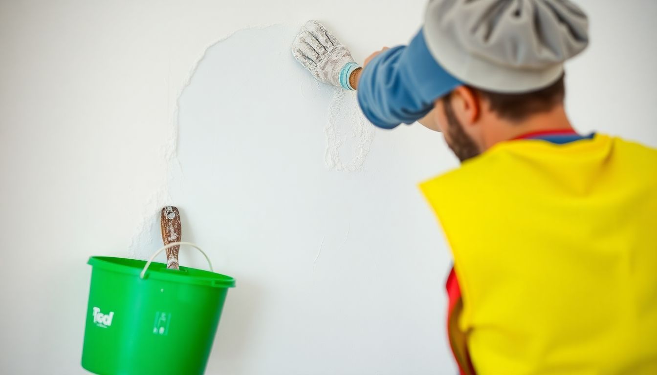 Plasterer applying plaster in a London home.