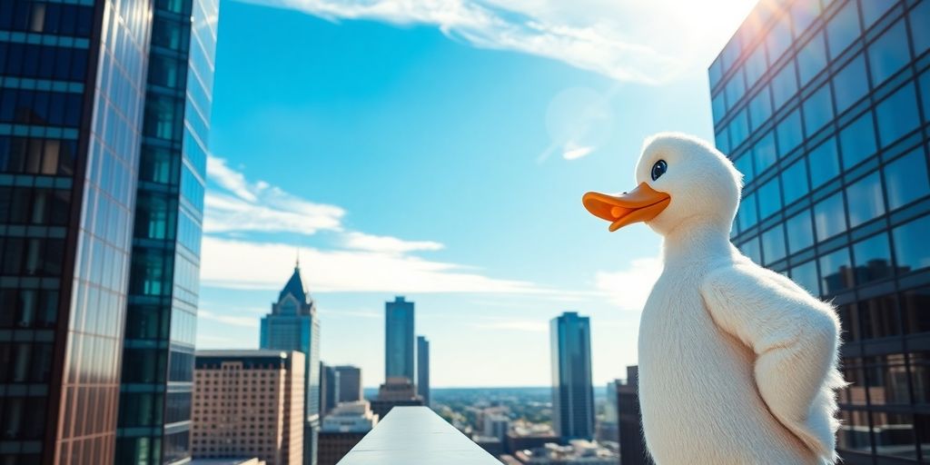 Duck mascot stands on financial building balcony.