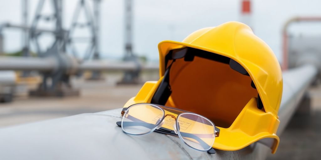 Pipeline, hard hat, and safety glasses.