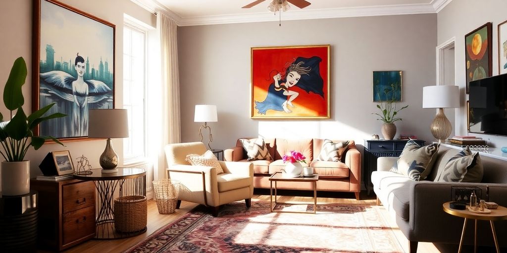 Living room with eclectic decor and vibrant colors.