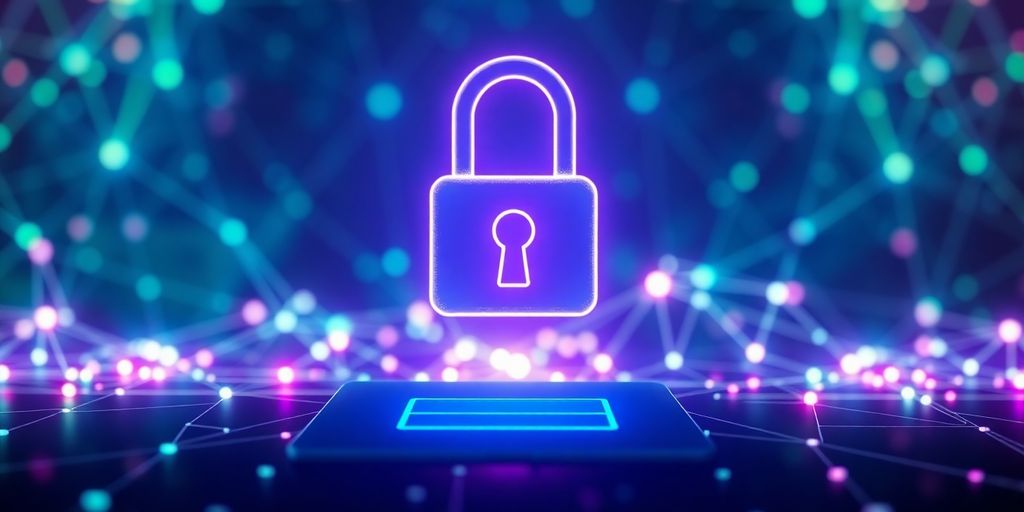 Digital padlock, glowing blockchain, futuristic login screen.