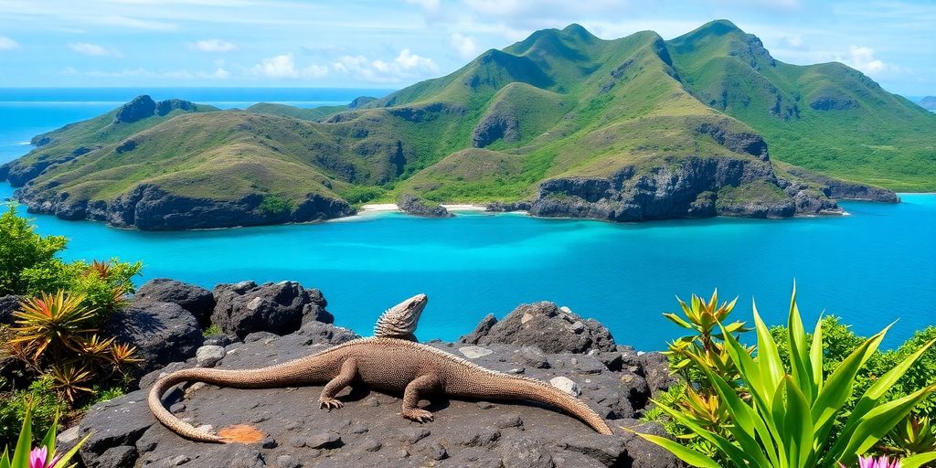 Komodo dragon on a rocky shore with tropical scenery.
