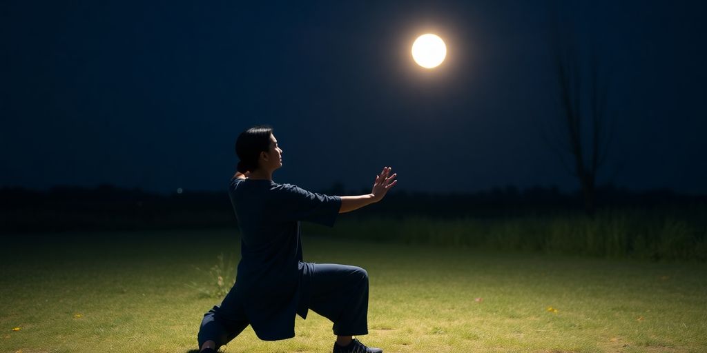 Person peacefully practicing Qigong under moonlight.