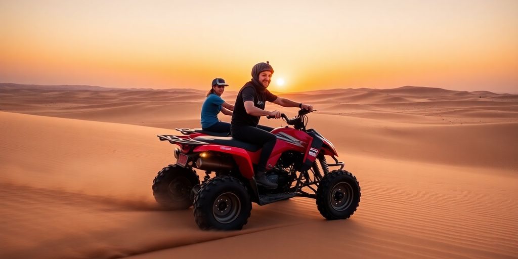 Quad bikes racing across the sandy Agafay Desert dunes.