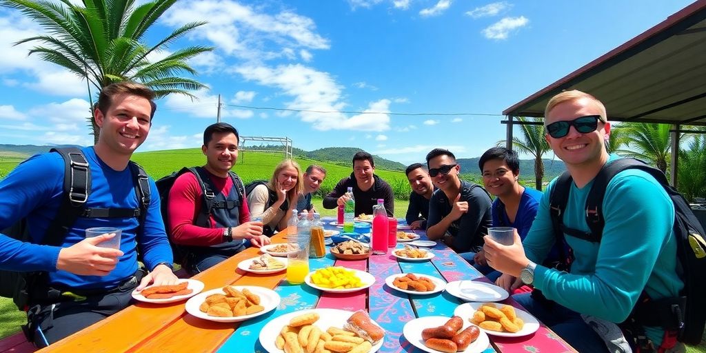 Skydivers enjoying snacks in a Bali outdoor setting.