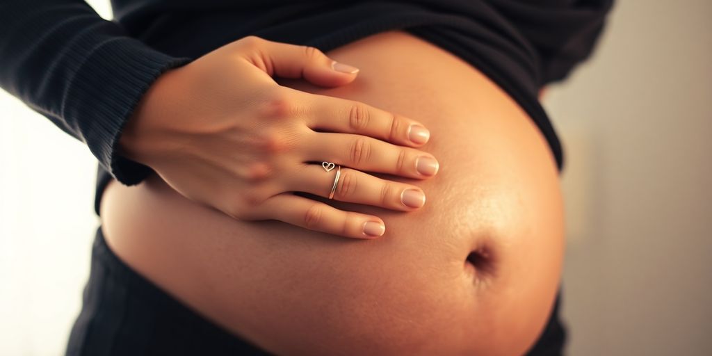 Mão de mulher grávida com anel em formato de coração na barriga.
