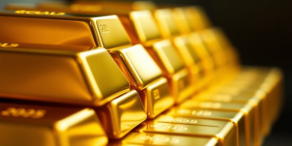 Barres d'or scintillantes empilées sur fond flou.