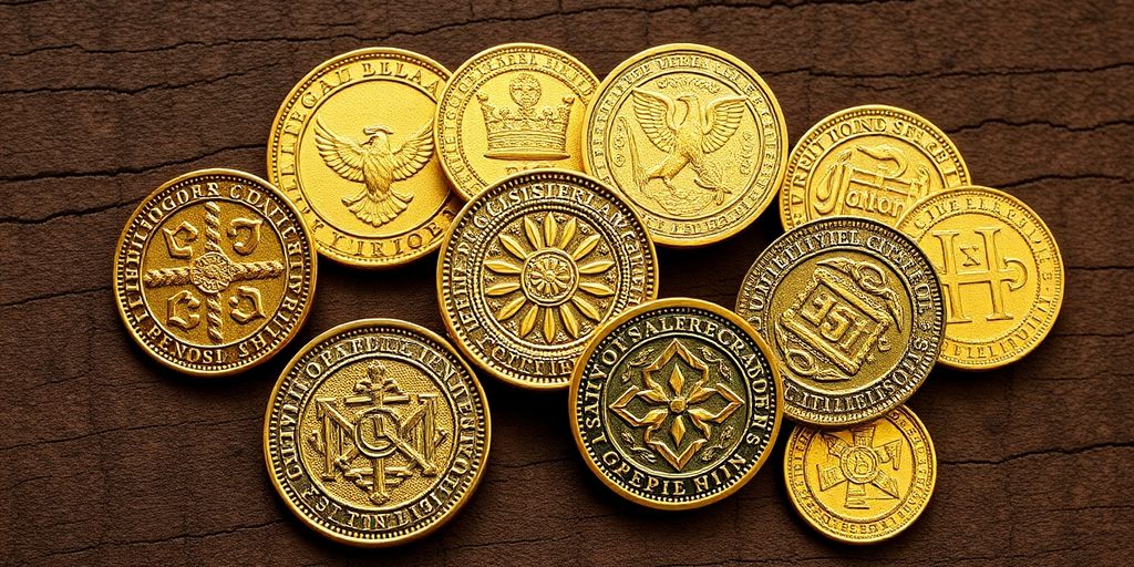 Collection de pièces d'or médiévales sur une surface en bois.