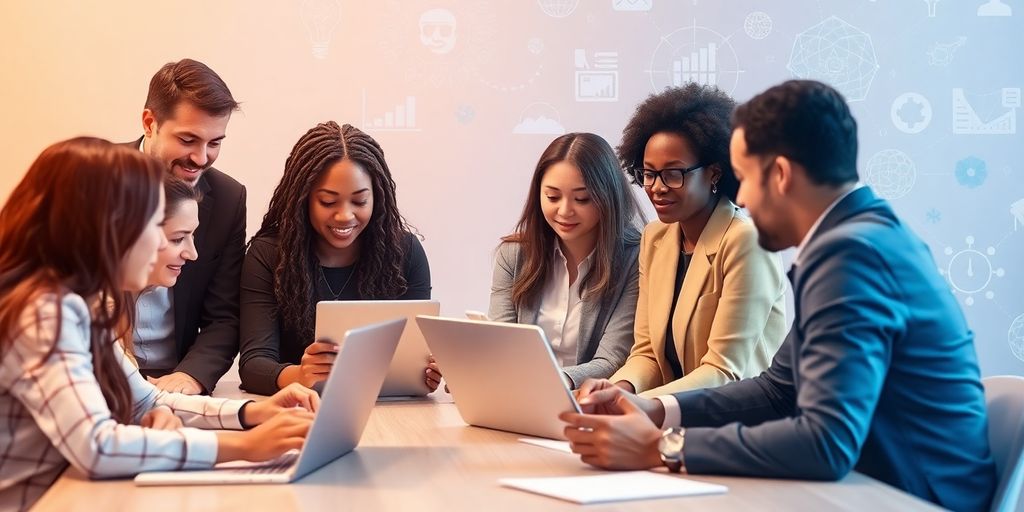 Diverse group collaborating in an AI learning environment.
