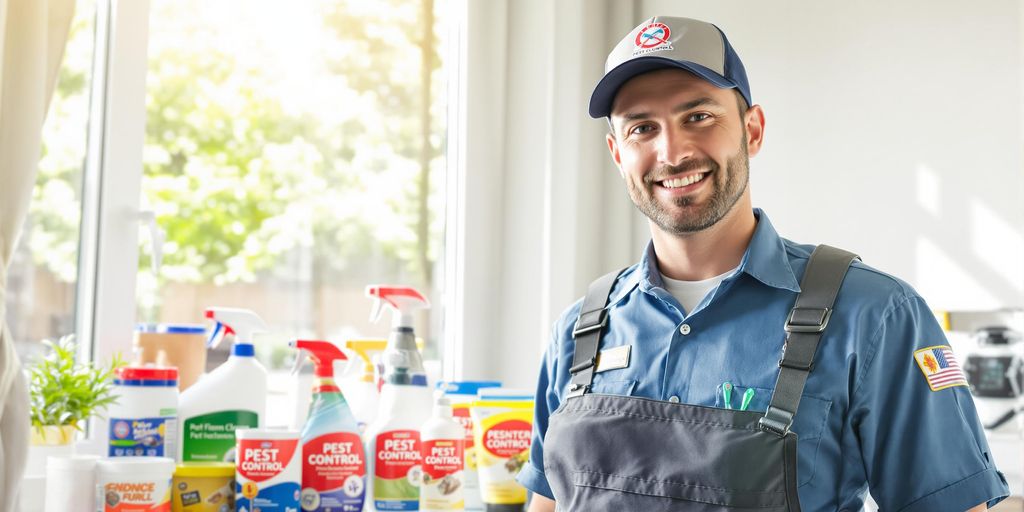 Casa curată și tehnician de dezinsecție zâmbitor.