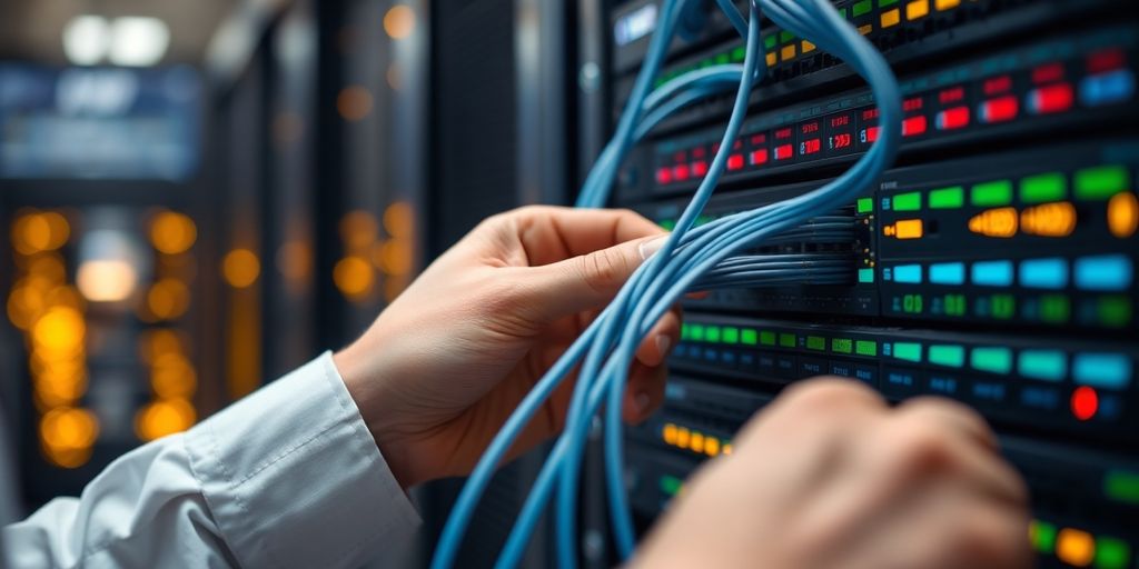 Engineer connecting fiber optic cables.