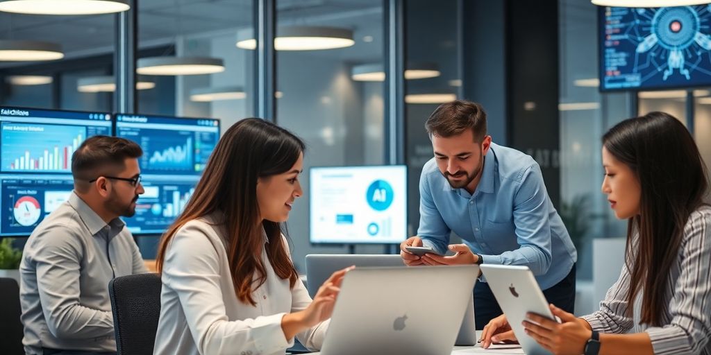 Profesionalci u savremenom uredu rade na digitalnim uređajima.