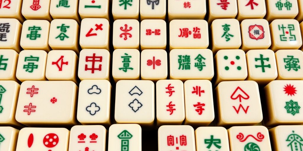 Close-up of standard mahjong tiles in rows.