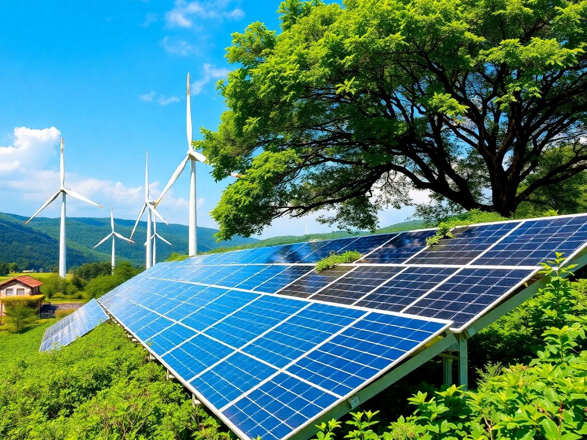Peisaj cu turbine eoliene și panouri solare verzi.