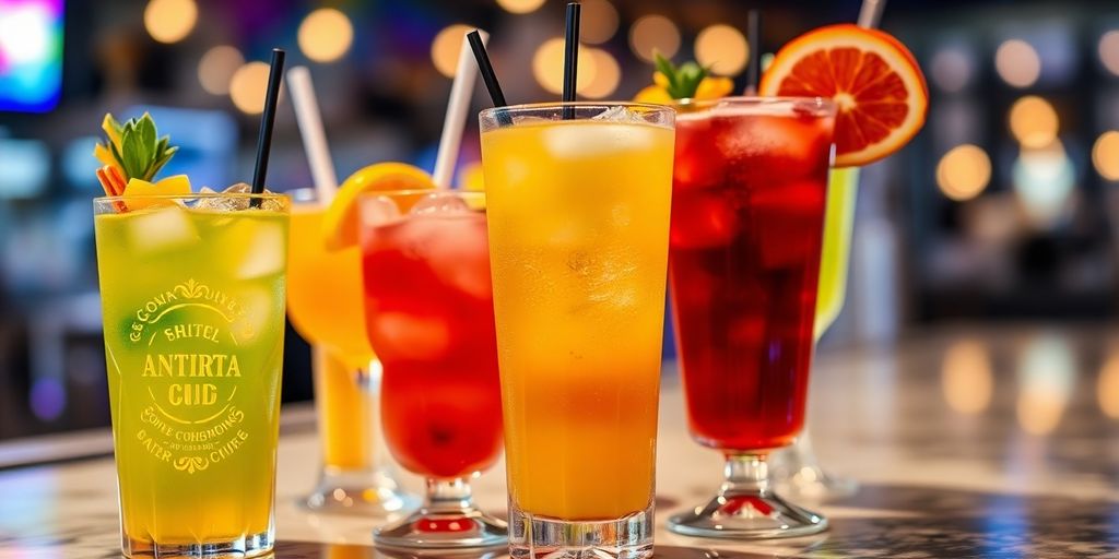 Colorful cocktails on a bar counter with fruit garnishes.