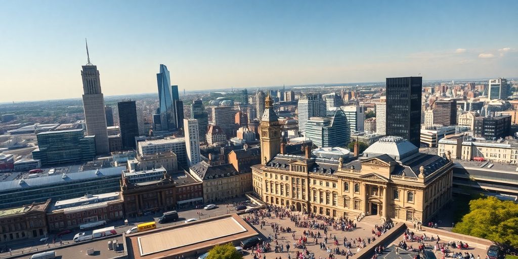 UK city skylines. Diverse people.